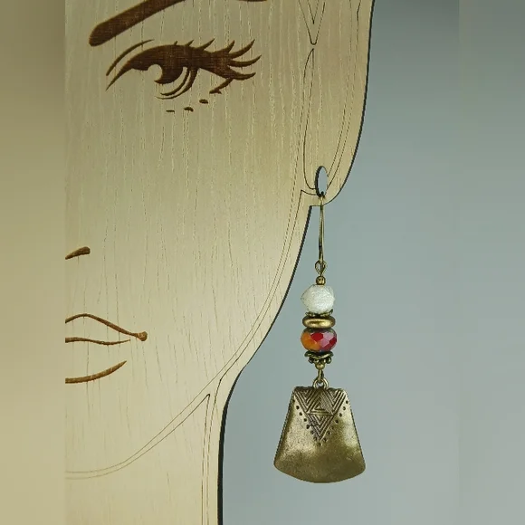 HAND CRAFTED Beaded Tribal Brass Dangle Earrings Red Orange Boho Rustic - Picture 5 of 6